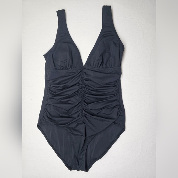 Tommy Bahama Ruched One Piece Swimsuit V Neck Black - Picture 1 of 8